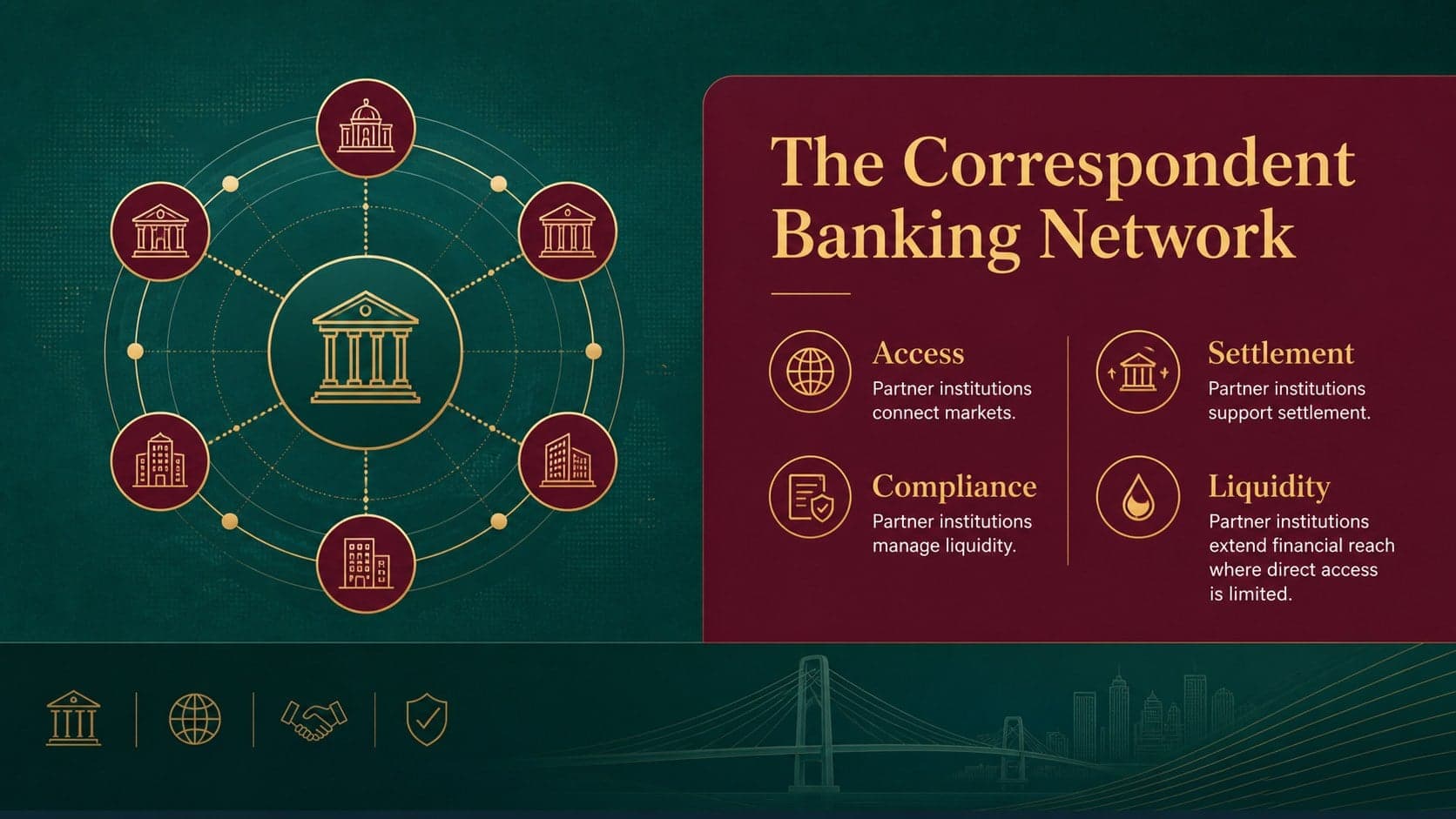 Correspondent banking overview slide showing an interconnected international partner network.