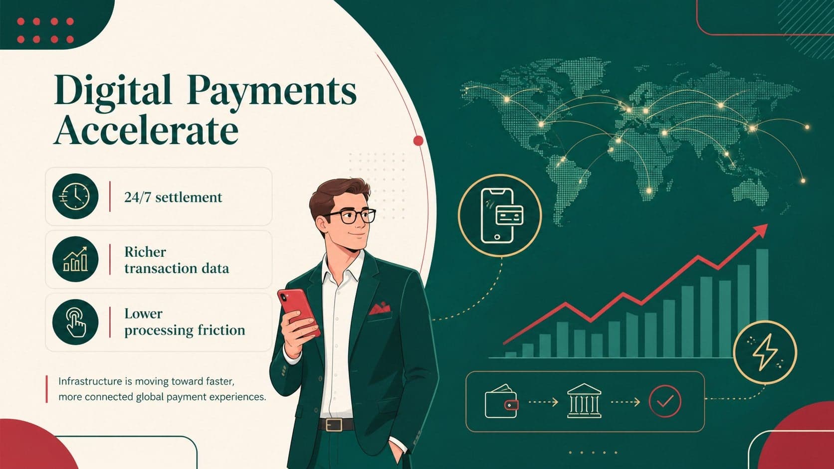 Global payment systems slide template featuring digital settlement trends and key metrics.