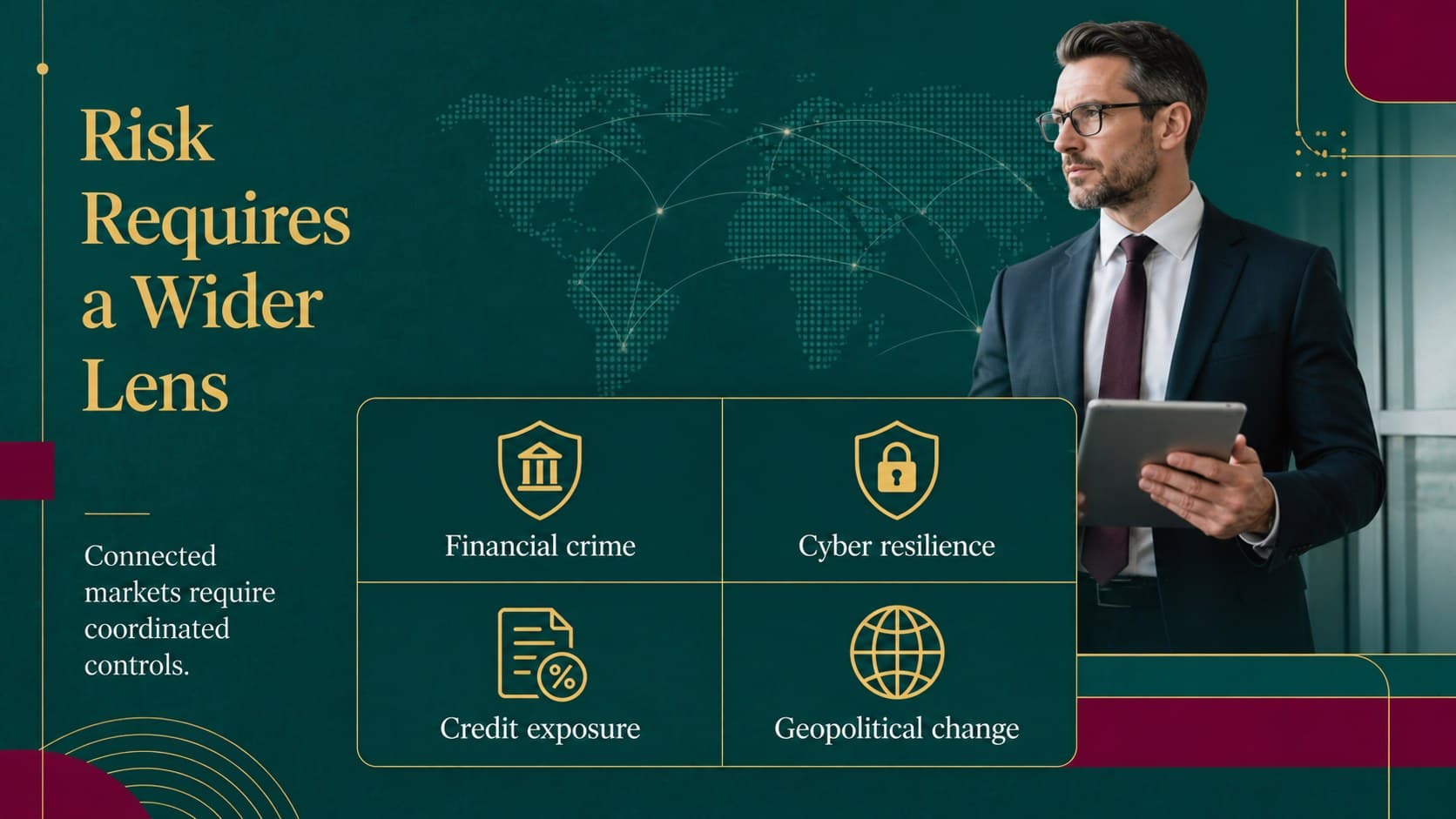 International bank strategy deck slide summarizing compliance, cyber, credit, and geopolitical risks.