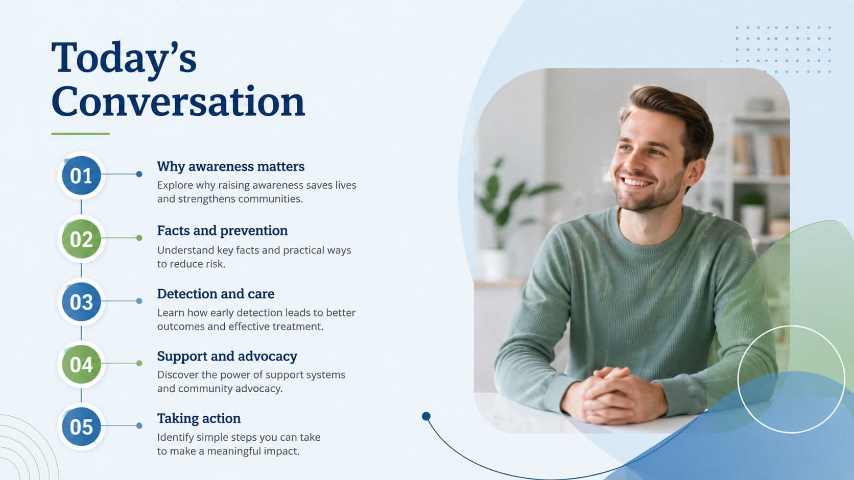 World Cancer Day campaign presentation agenda outlining facts, prevention, support, and advocacy topics.