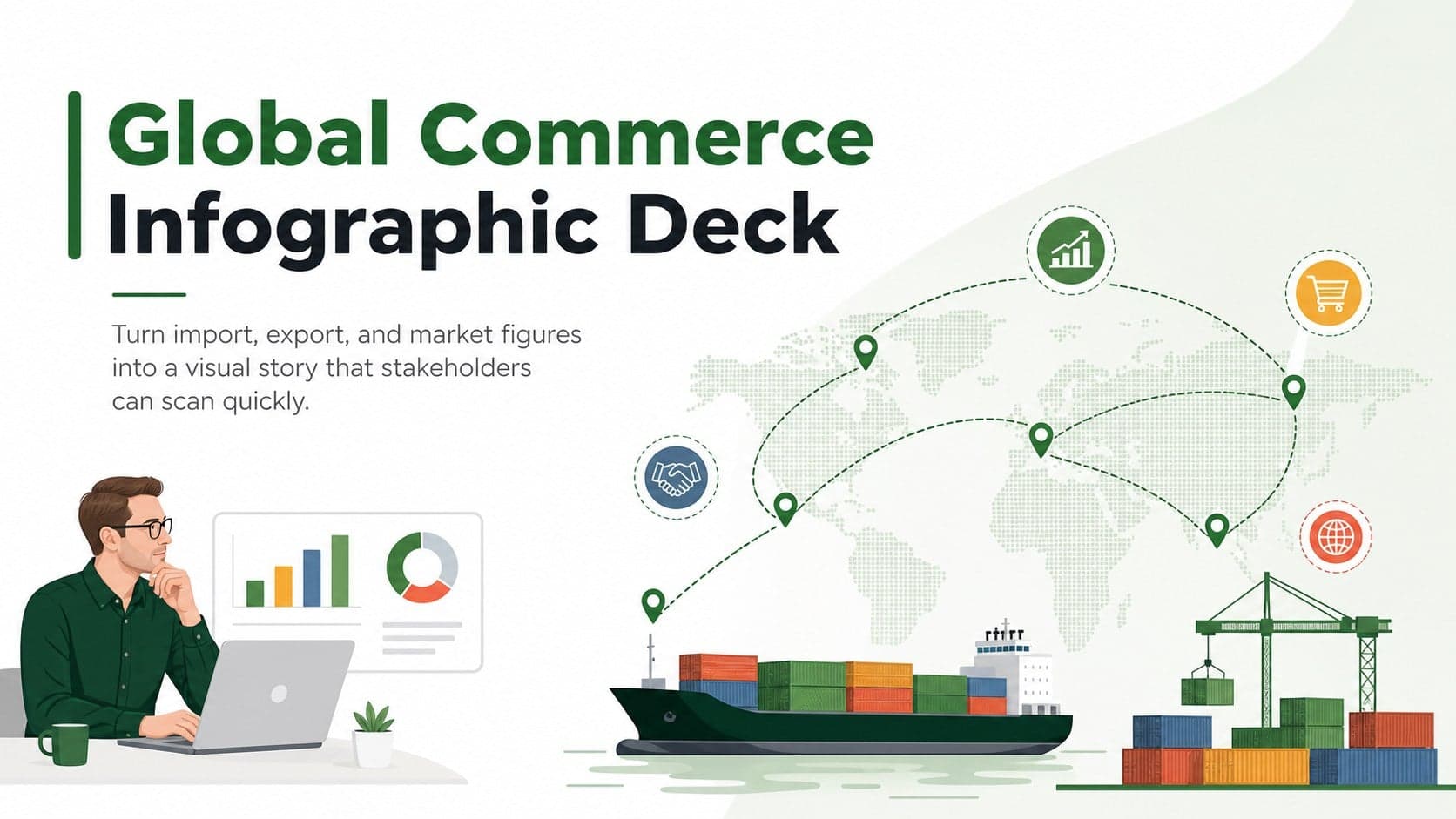 Cover of the Global Commerce Infographic Deck with green trade illustrations on a clean white background.