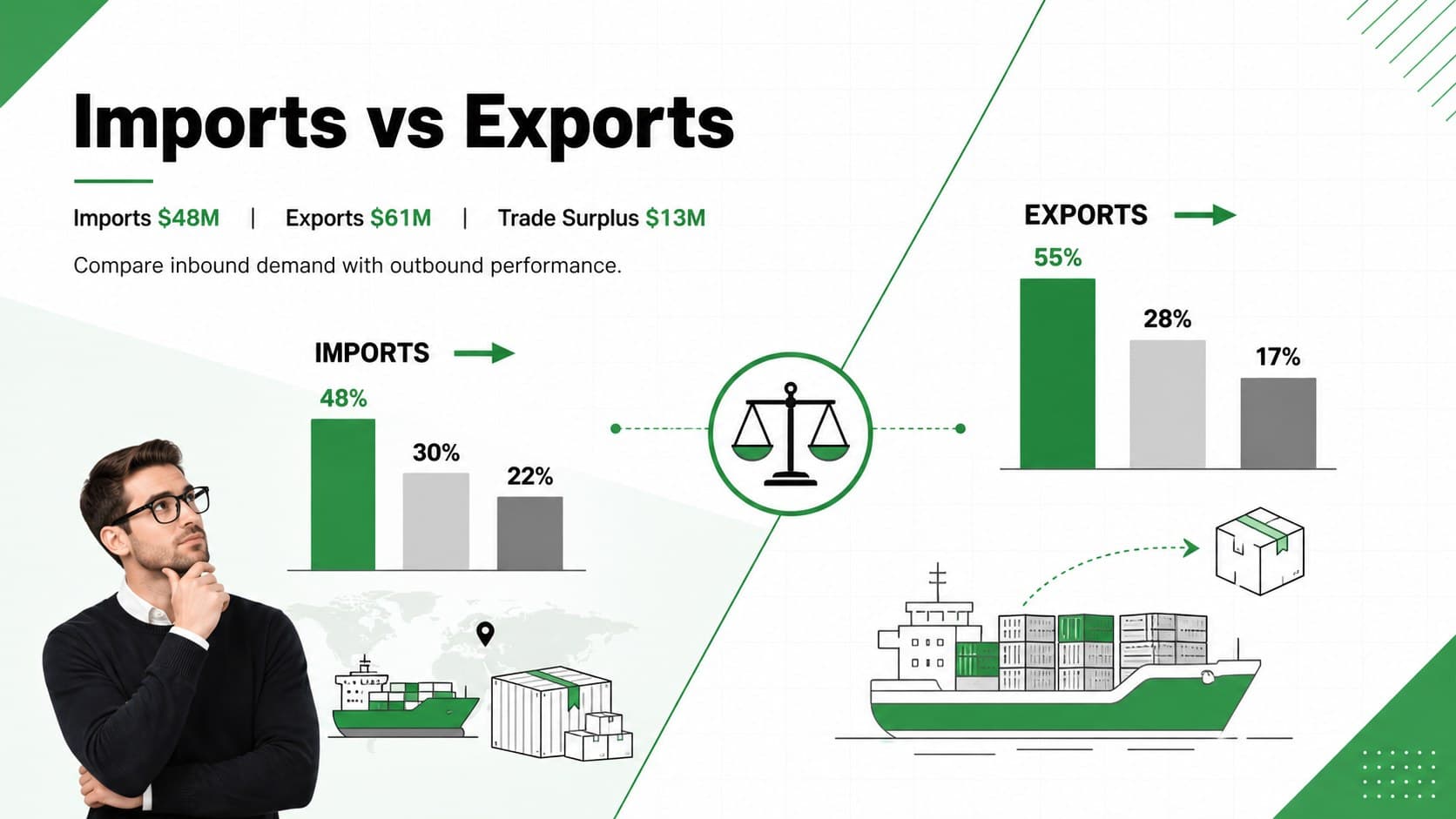 Import export presentation template slide comparing inbound and outbound trade values.