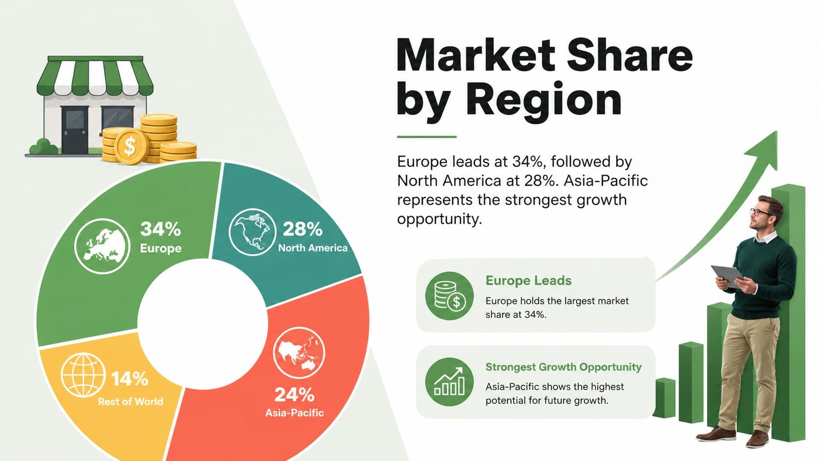 Global market statistics presentation slide with a regional market share chart and concise insights.