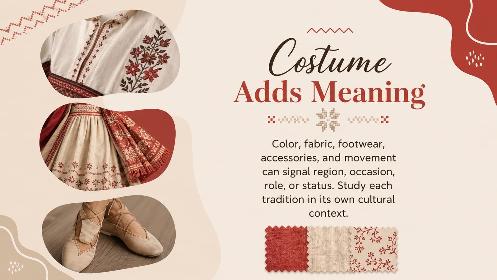 Global dance education slide deck page presenting costume details and their cultural functions.