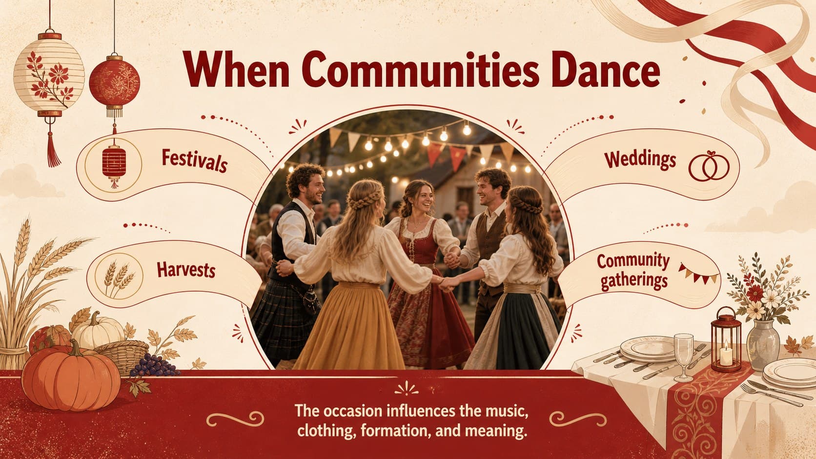International dance lesson template slide outlining festivals, weddings, harvests, and community gatherings.