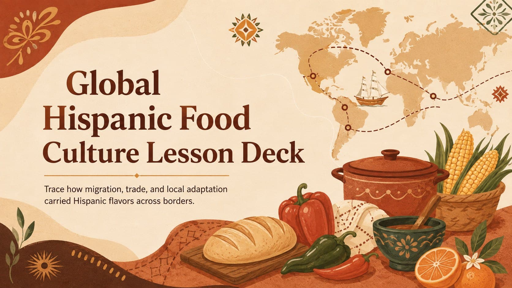 Cover for a global Hispanic food culture lesson deck with warm brown culinary illustrations and a world map motif.