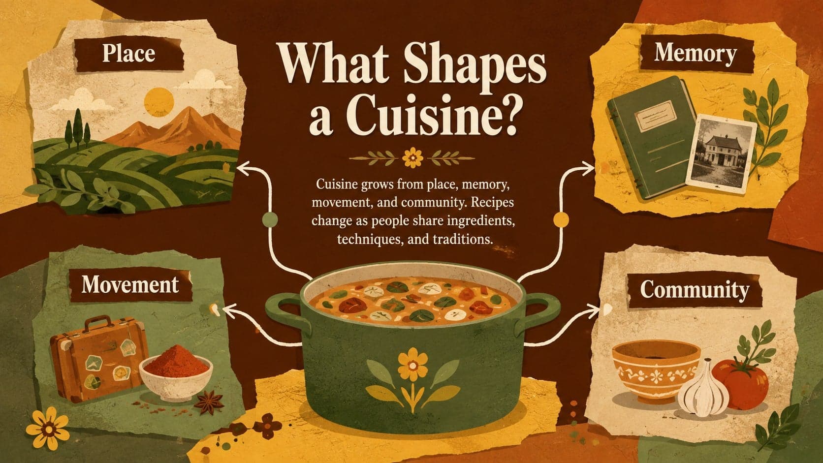 Hispanic food culture lesson slide defining cuisine as a product of place, memory, movement, and community.