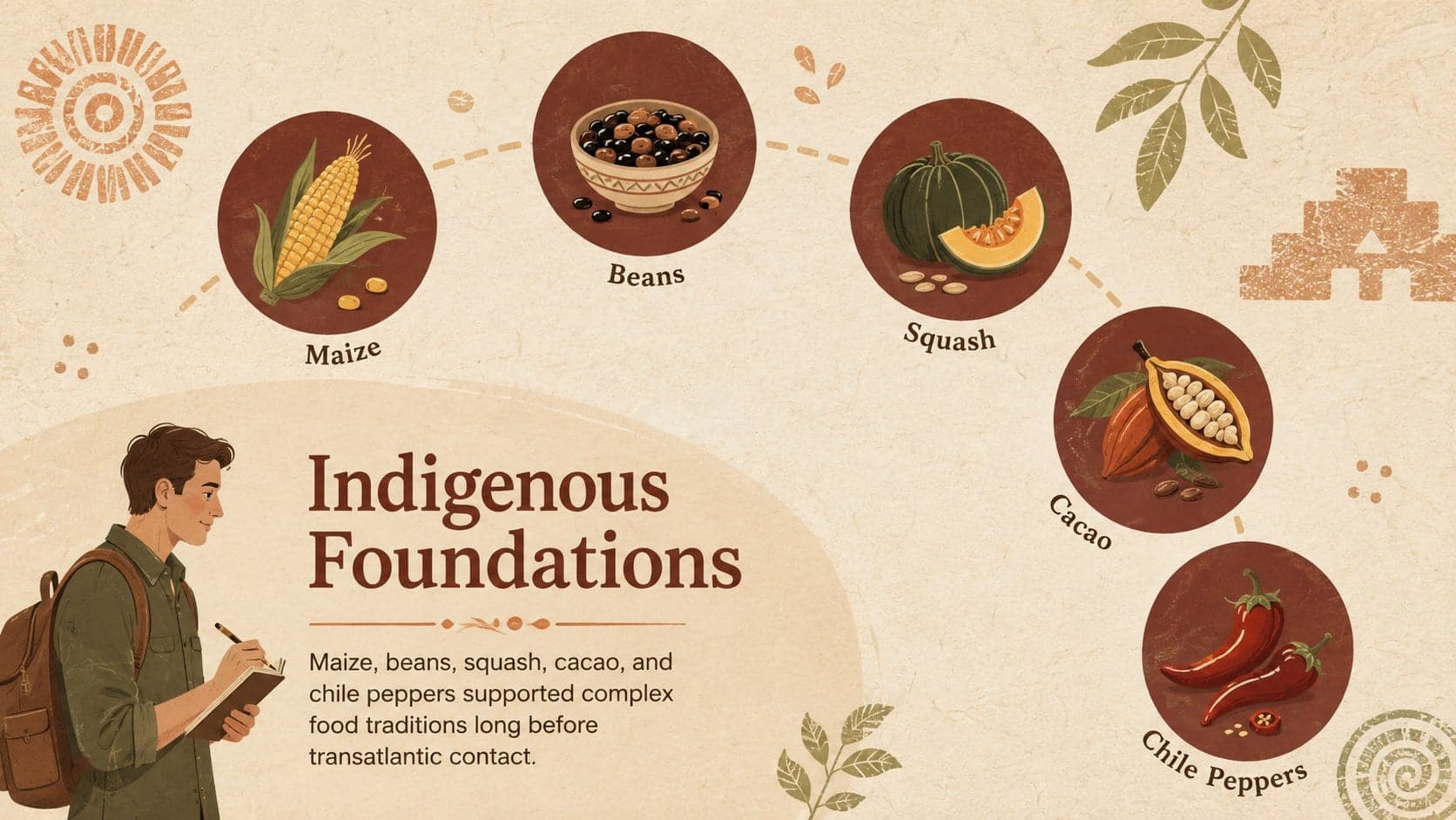 Culinary history slide showing Indigenous foundations through maize, beans, squash, cacao, and chile peppers.