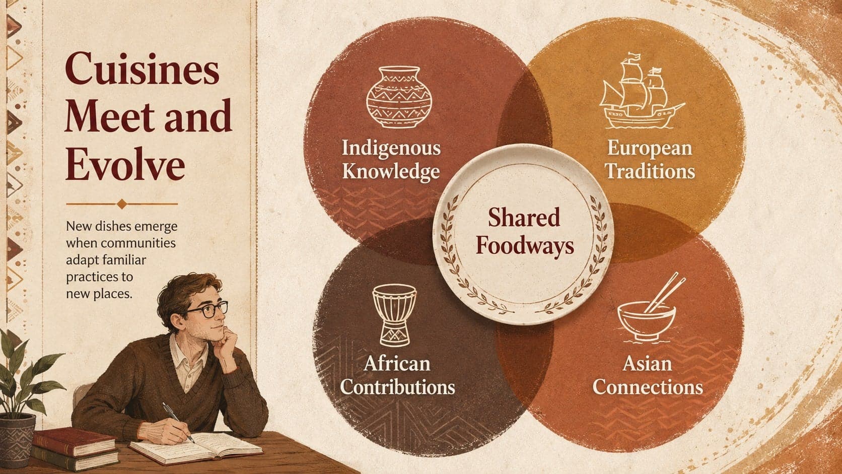 Cultural exchange diagram connecting Indigenous, European, African, and Asian culinary influences.