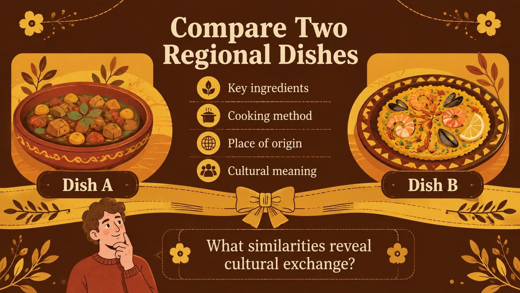 Regional dishes comparison layout for studying ingredients, cooking methods, origins, and cultural context.