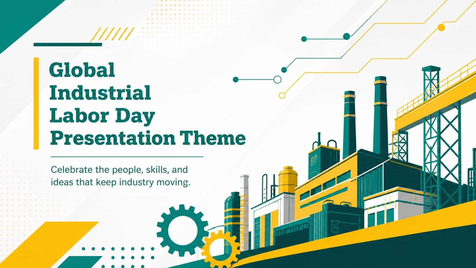 Cover of a global industrial labor day presentation theme with geometric factory graphics in yellow, white, and green.