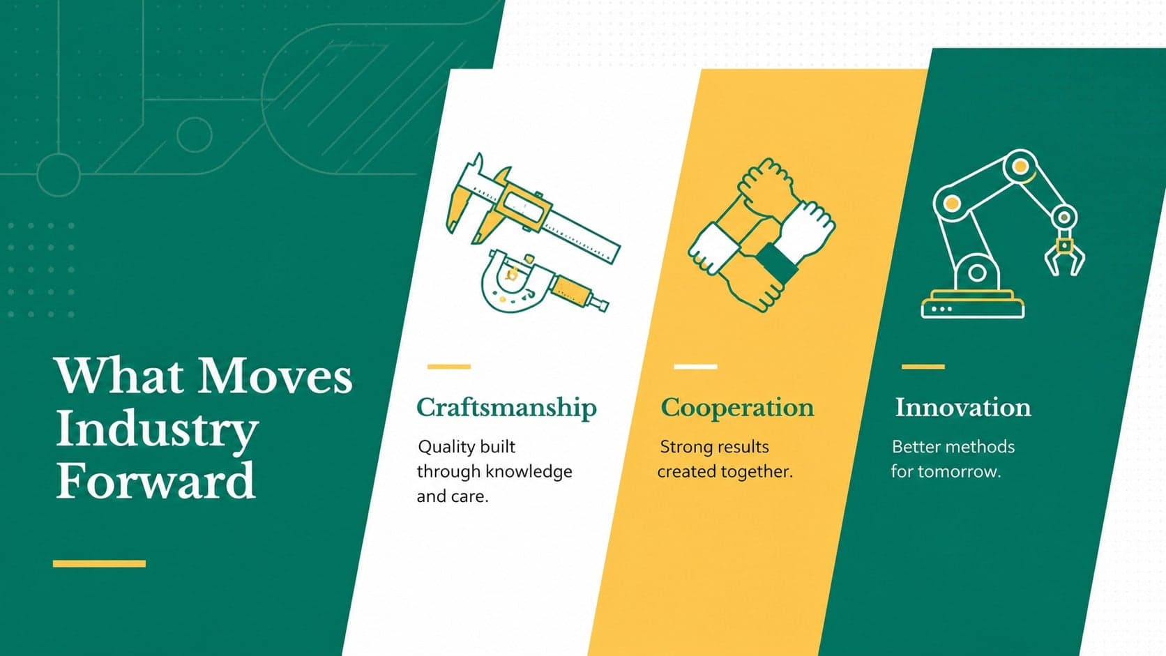 Industrial labor celebration slide featuring three principles of craftsmanship, cooperation, and innovation.