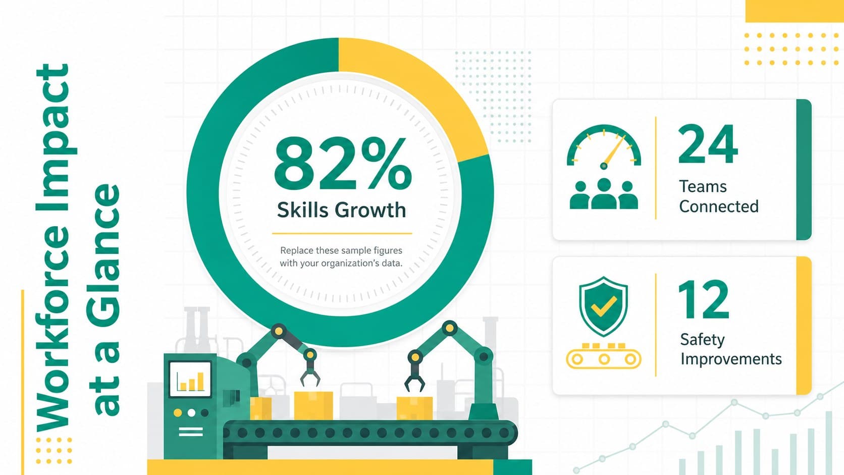 Engineering workforce event presentation slide with key statistics and geometric data graphics.