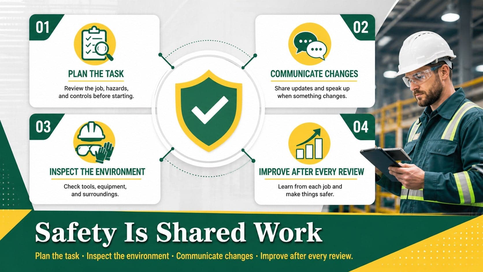 Plant safety briefing slide presenting four workplace safety priorities in a geometric industrial layout.