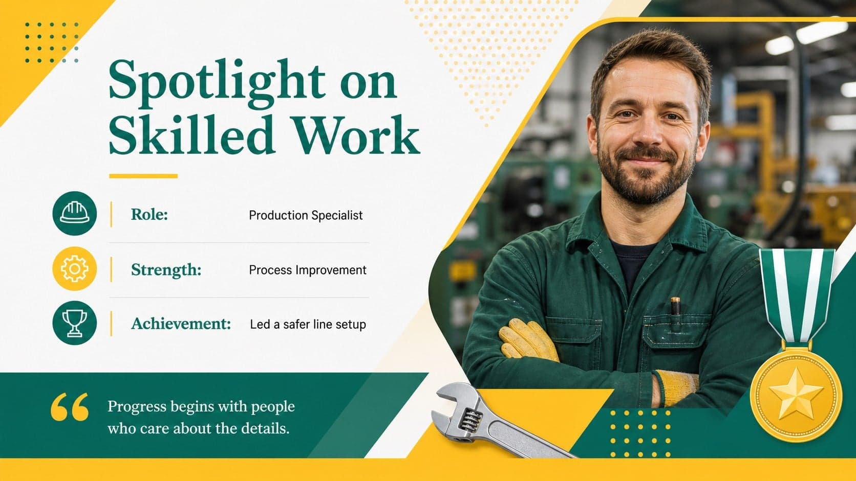 Factory team recognition presentation with an illustrated employee profile and achievement highlights.