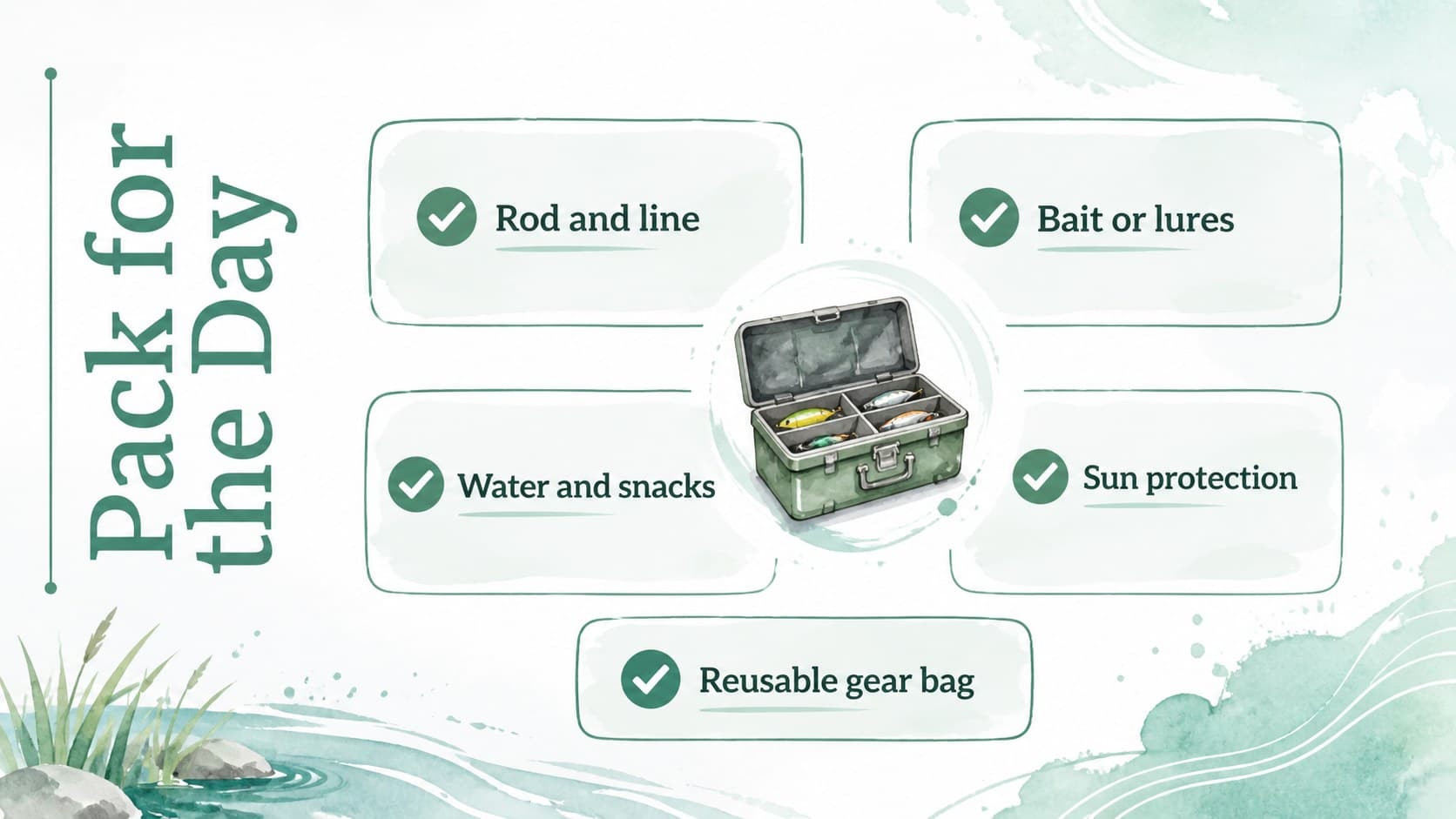 Watercolor fishing slides showing an equipment checklist for a Go Fishing Day activity.