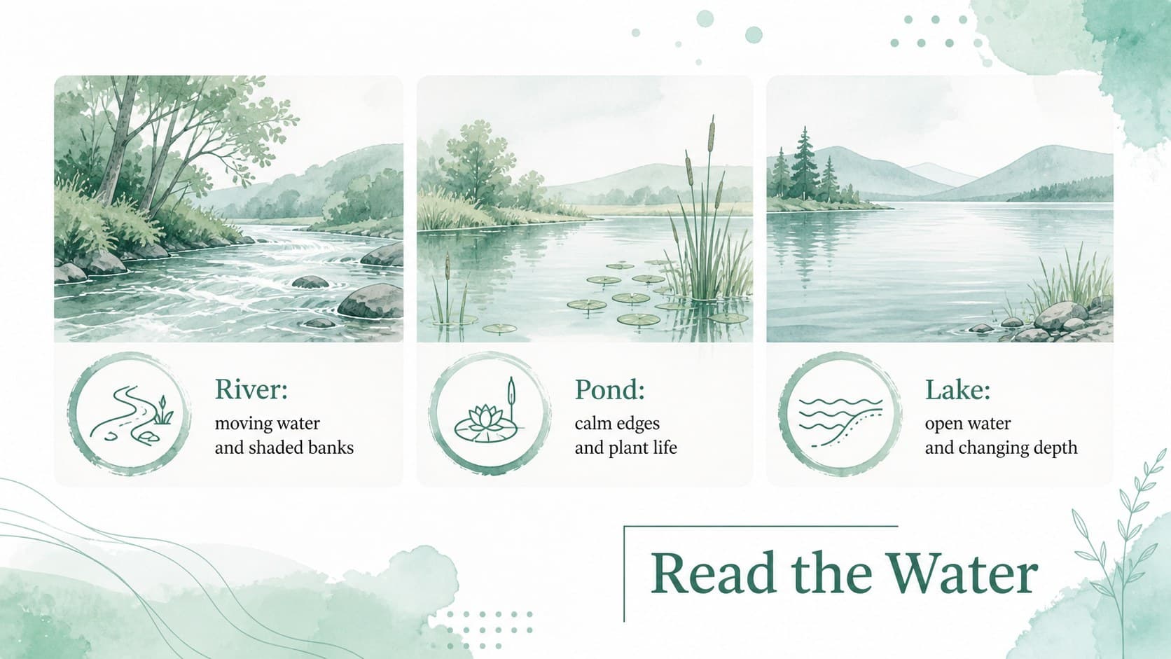 Outdoor activity presentation slide comparing local water habitats with green and white illustrated diagrams.