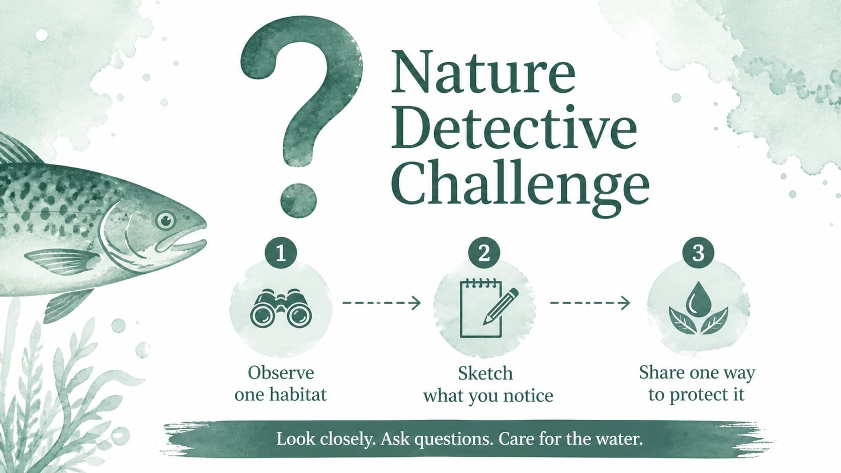 School fishing activity slides featuring a nature-learning exercise with watercolor cards and green typography.