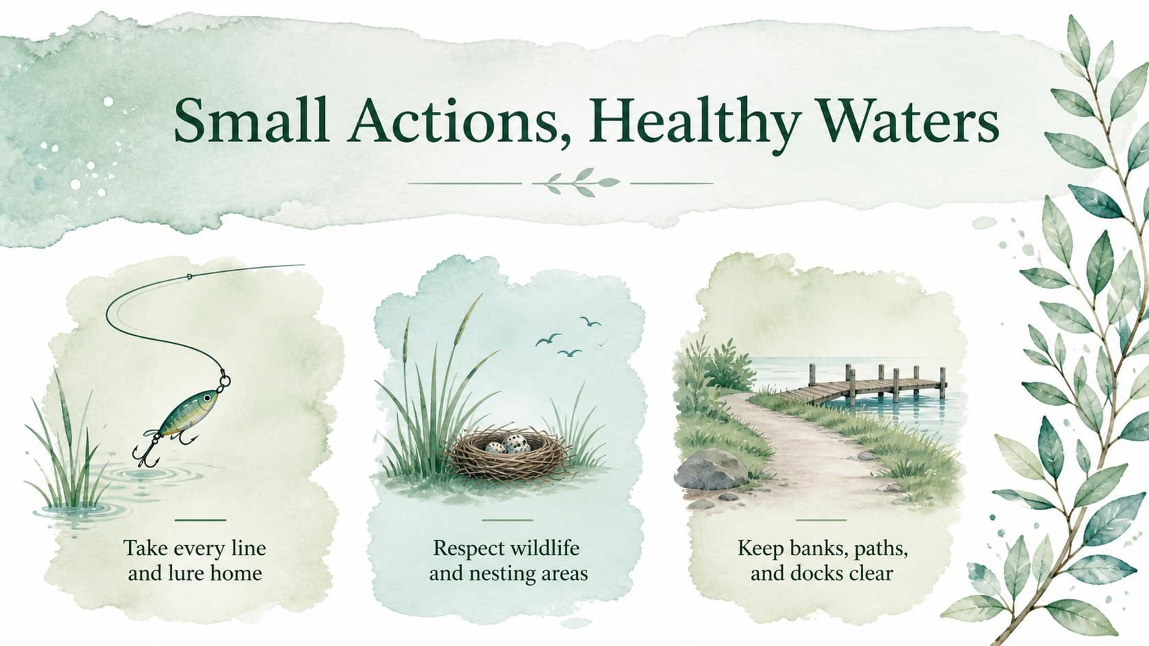 Nature event presentation deck slide displaying conservation actions in a green watercolor three-column layout.