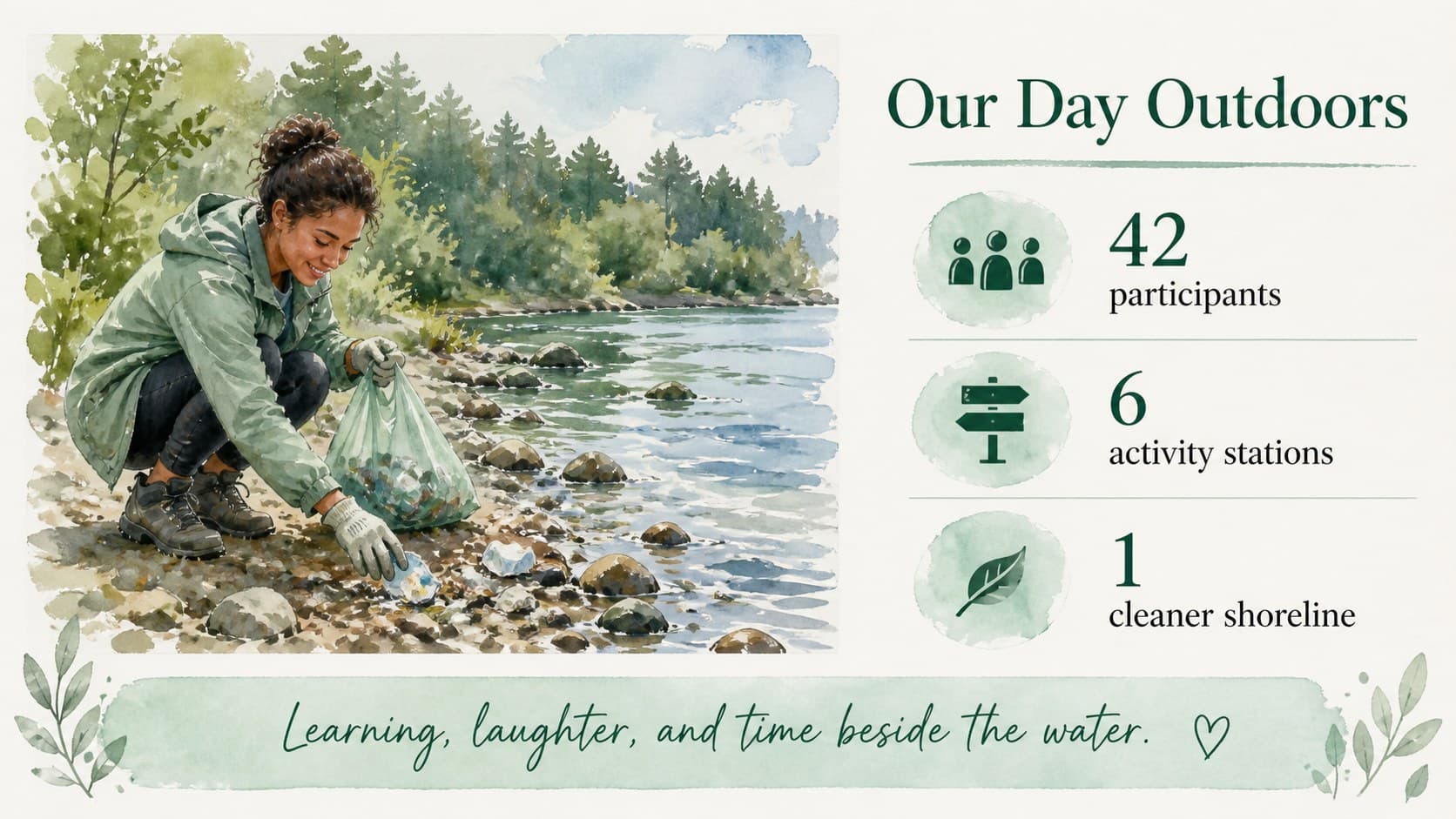 Community fishing celebration slides with a photo-and-statistics recap layout in a simple green watercolor style.