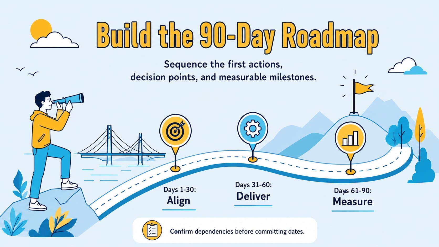 Quarterly priorities roadmap deck slide presenting milestones across the first 30, 60, and 90 days.