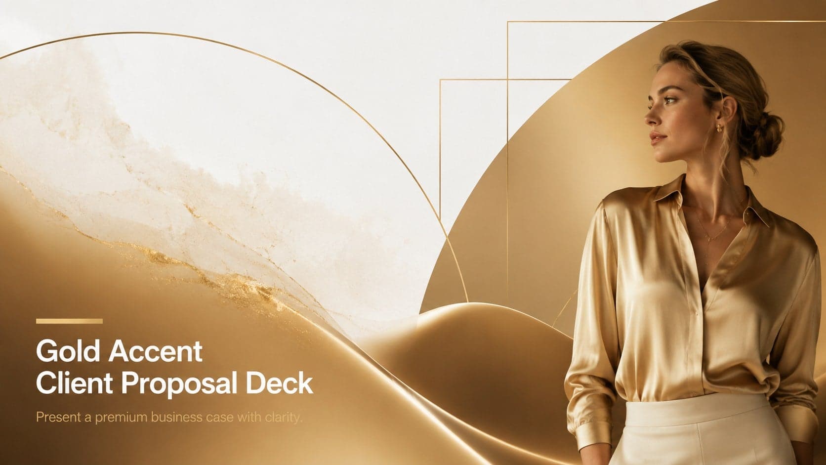Cover of the Gold Accent Client Proposal Deck with an elegant white background and restrained gold geometric details.