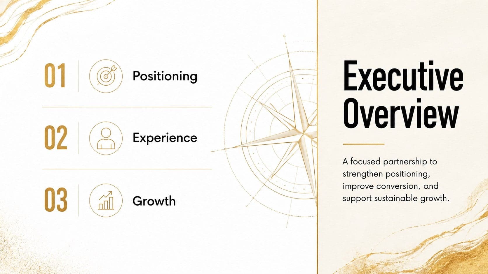 Executive overview slide from an elegant consulting proposal template with three strategic priorities.
