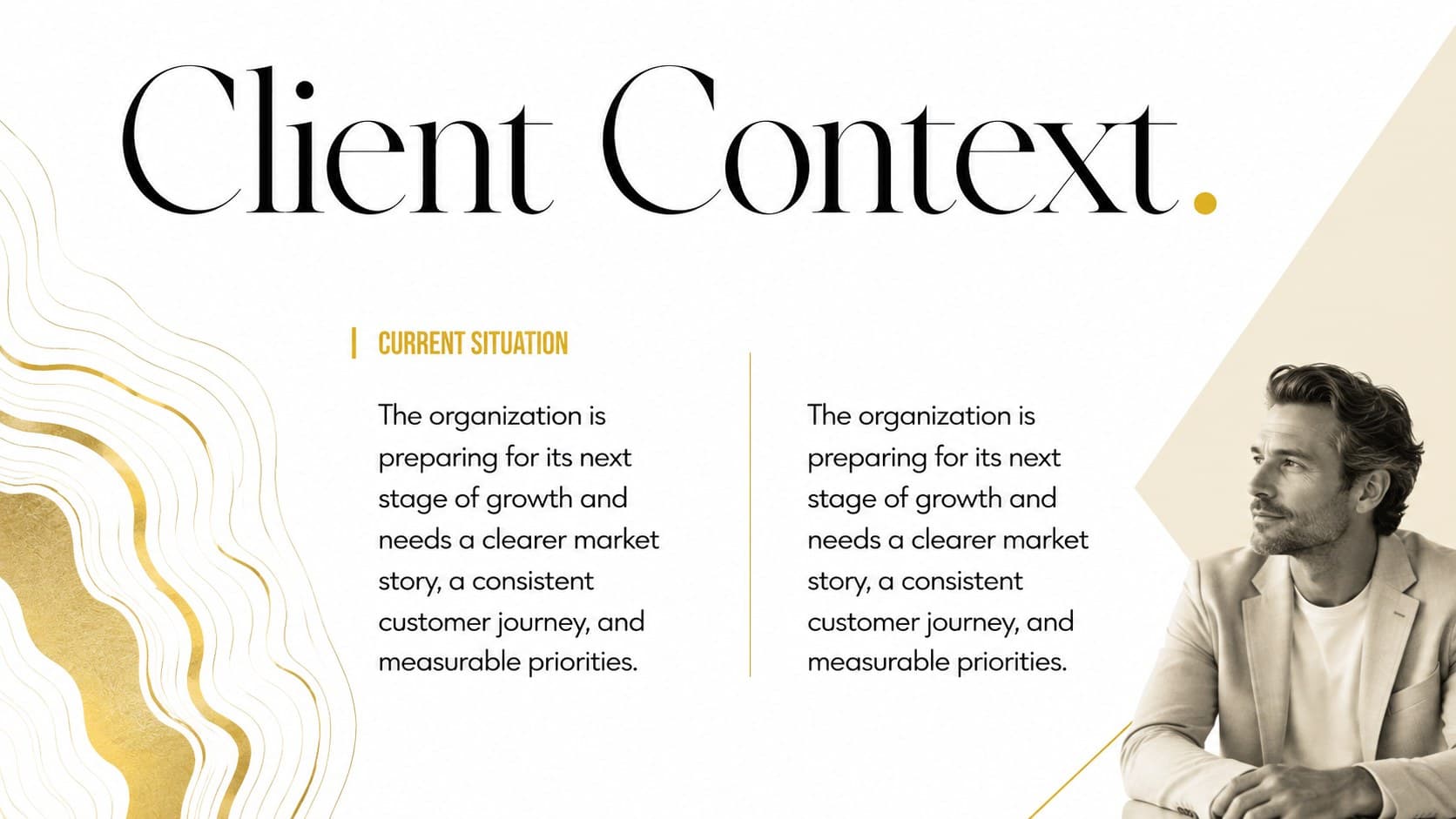 Client context page in a minimalist business proposal slide deck featuring goals and engagement background.