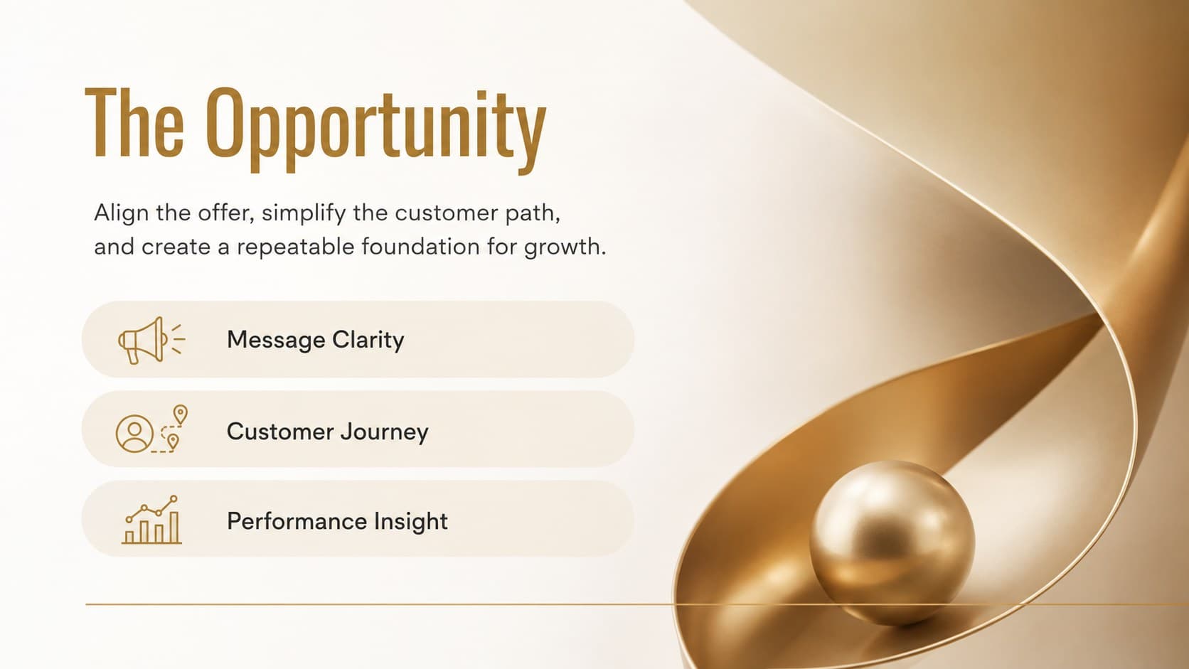 Opportunity statement slide with three business challenges in a white and gold consulting presentation.