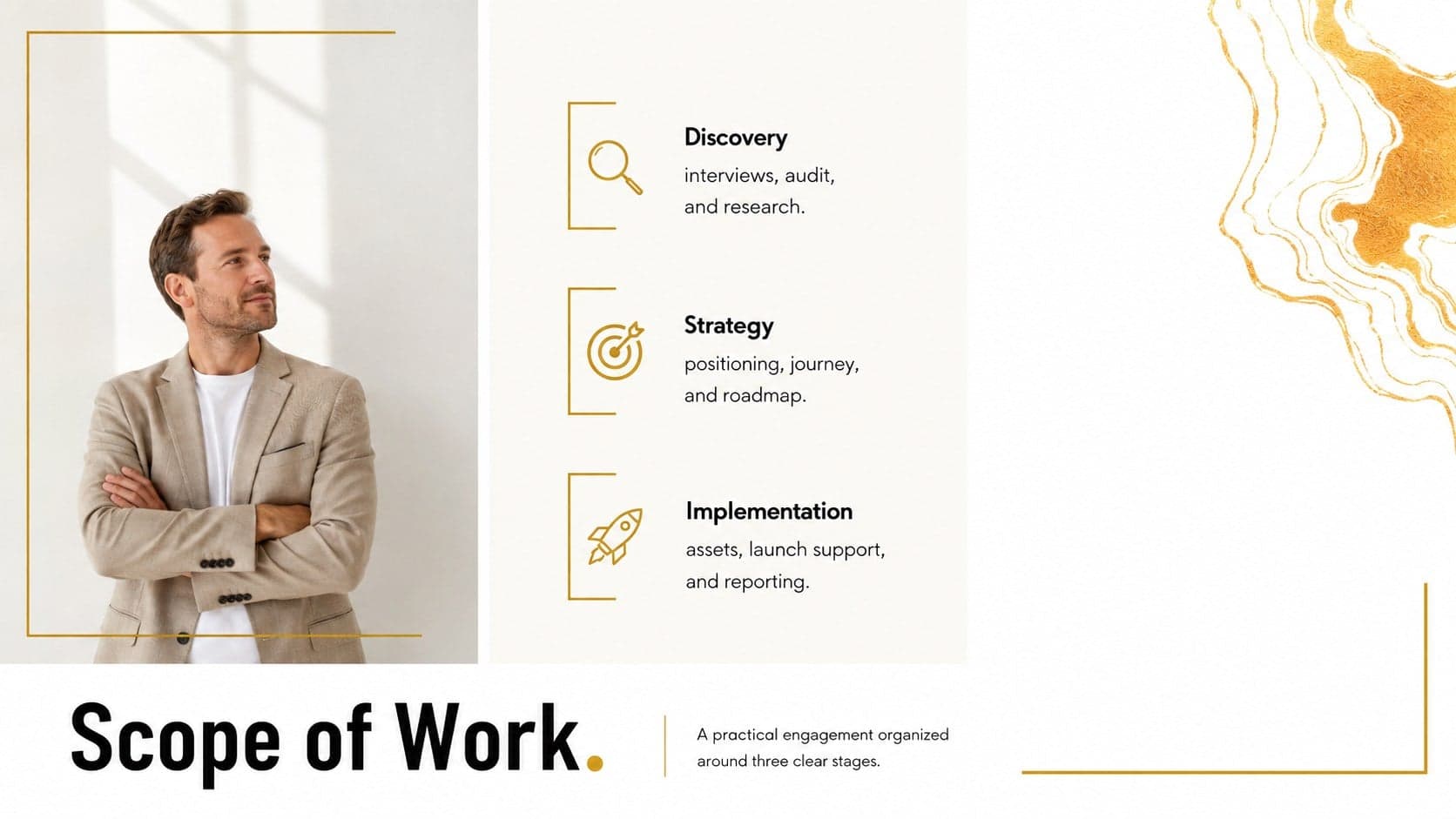 Project scope slide outlining discovery, strategy, and implementation deliverables in a gold business proposal.