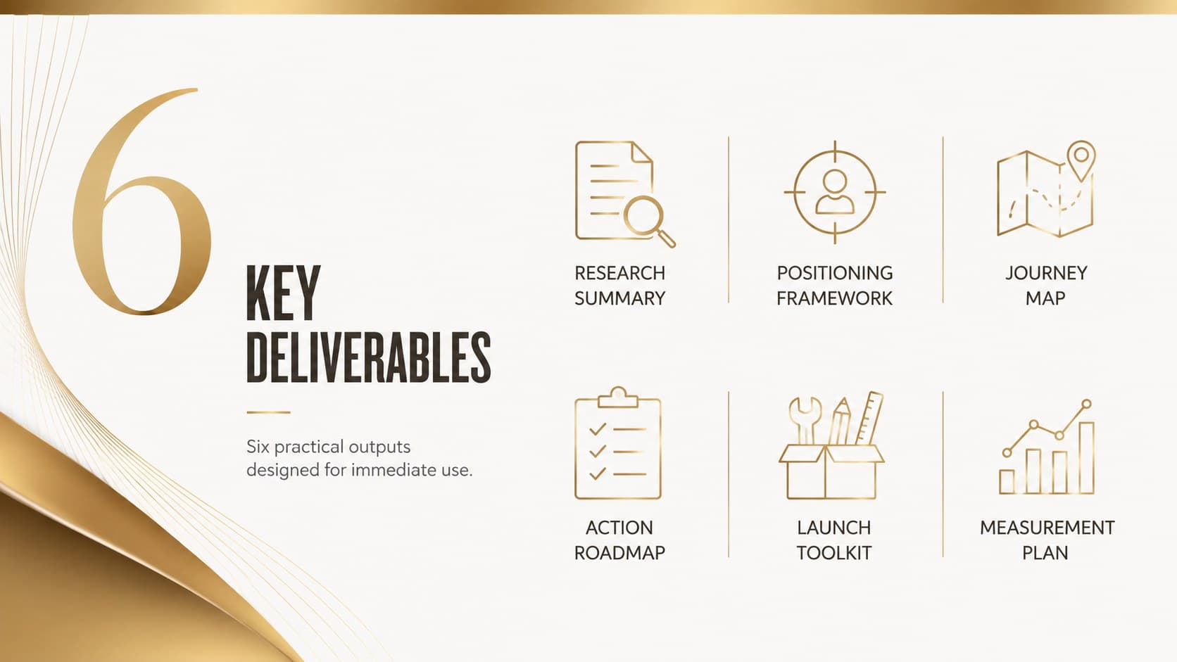 Deliverables overview for a professional project scope presentation with six defined outputs.