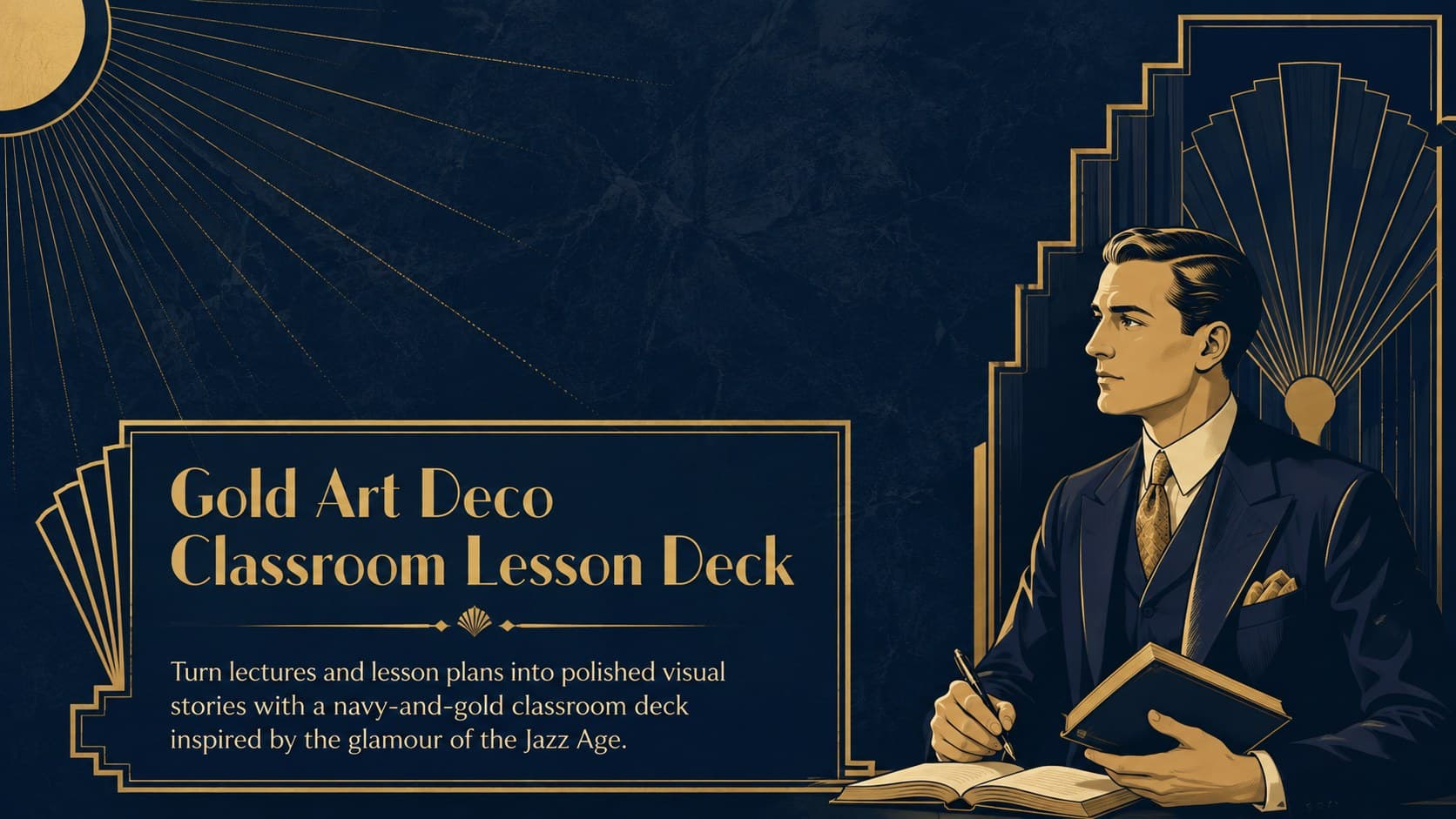Cover of the Gold Art Deco Classroom Lesson Deck with navy panels, gold geometry, and an elegant lesson title.