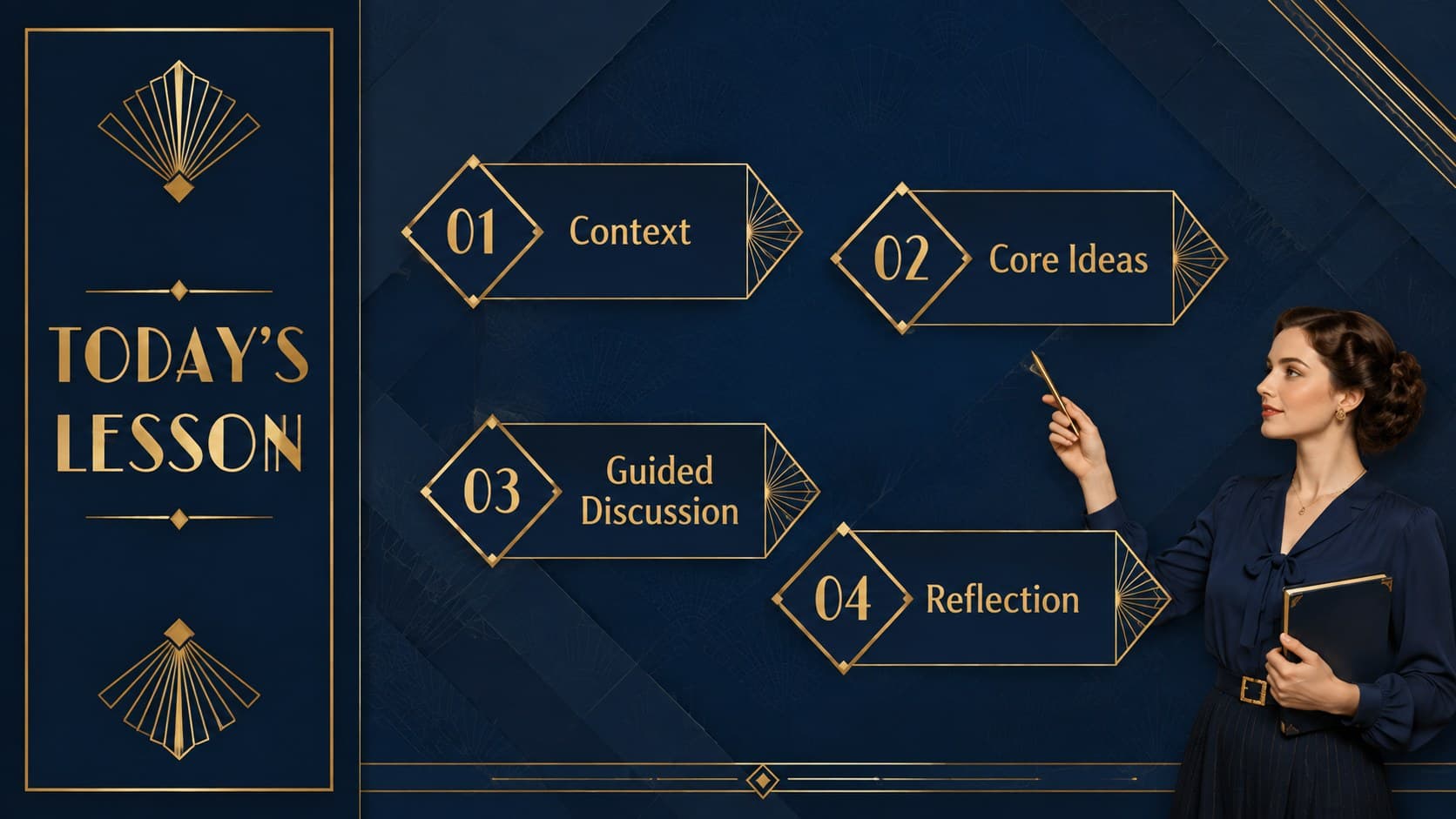 Art Deco lesson agenda slide presenting four classroom topics in a structured navy-and-gold layout.
