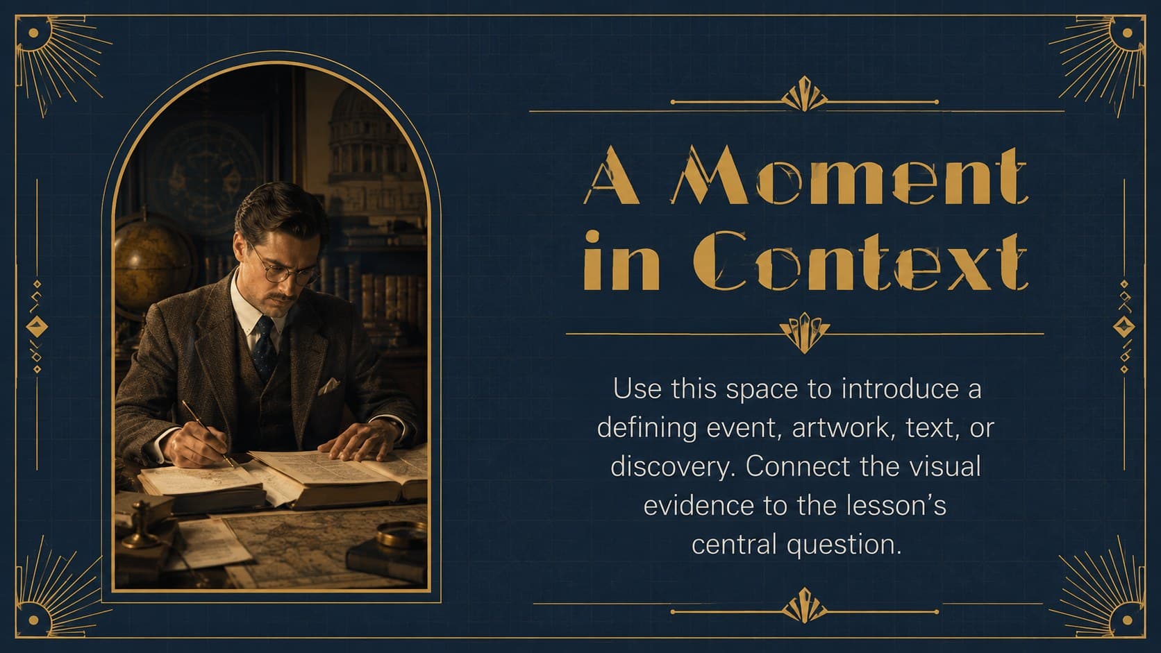 Elegant history lecture slide pairing an archival image placeholder with concise contextual notes.