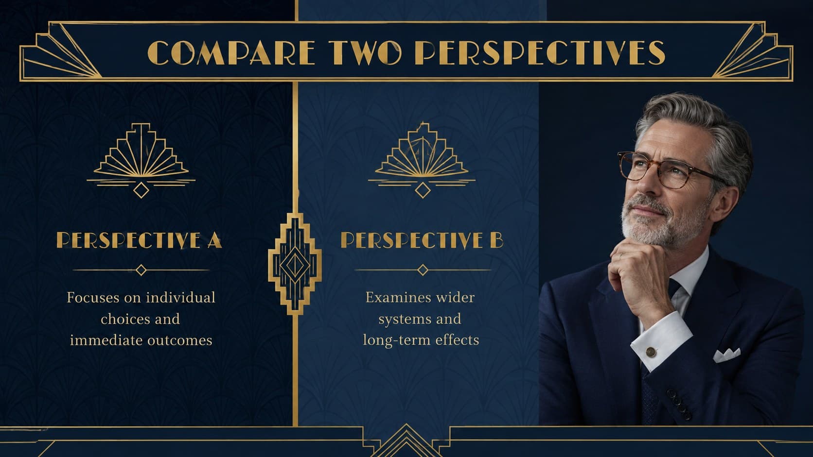 Art Deco compare-and-contrast lesson slide with balanced columns for two academic perspectives.
