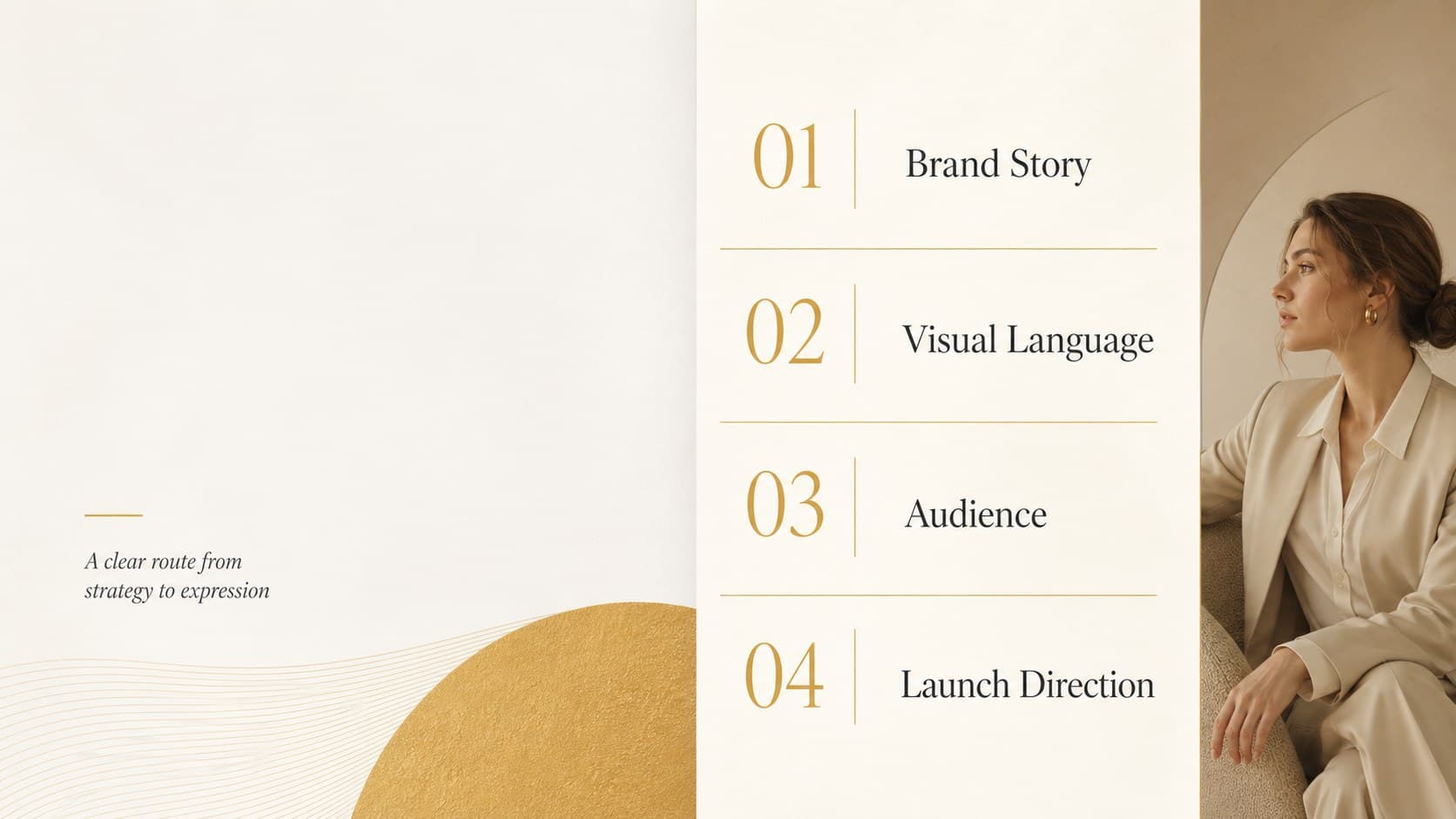 Agenda slide outlining the sections of a visual identity guidelines presentation in a gold and ivory style.