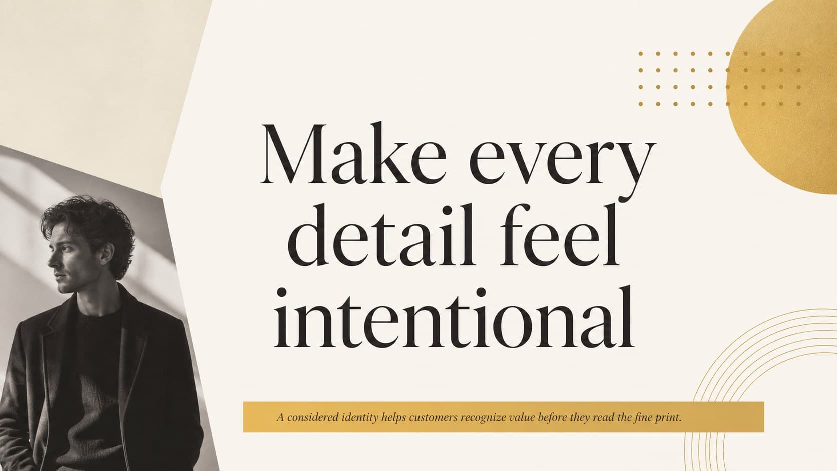 Brand story slide presenting a concise brand promise with gold typography and an editorial composition.