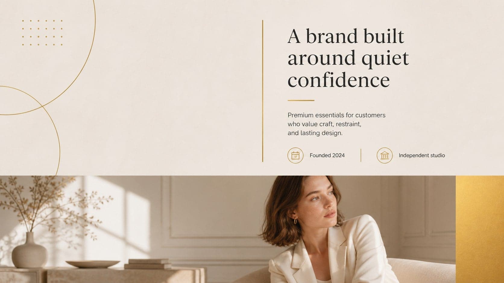 Company introduction slide for a luxury brand pitch deck with an image frame and gold accent details.