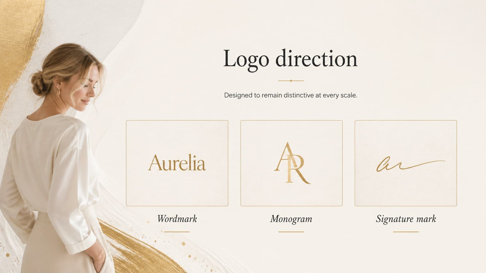 Logo design concept slide showing an editable logo presentation layout with gold marks and neutral space.