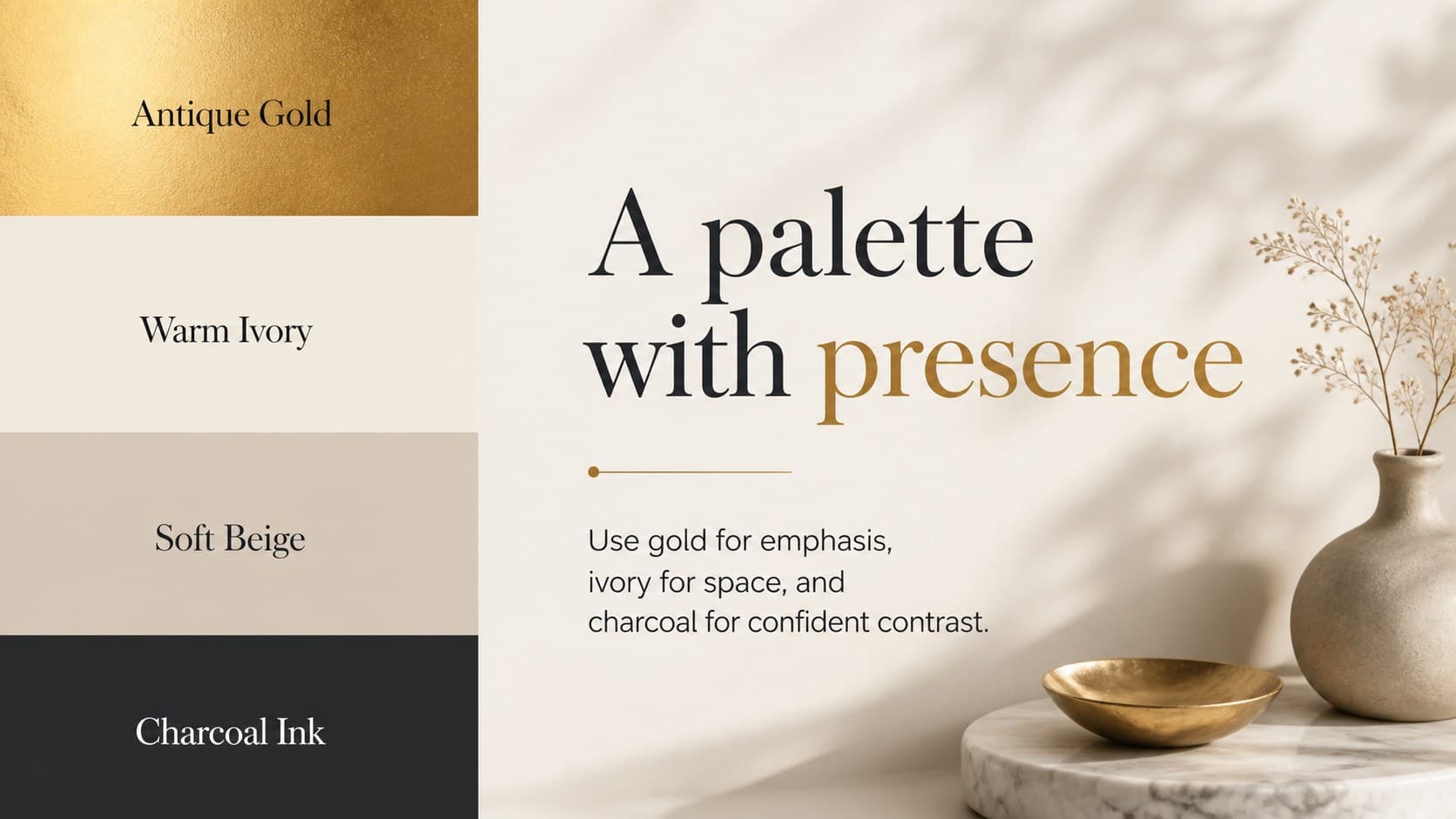 Color palette slide for a visual identity guidelines presentation featuring gold, ivory, charcoal, and soft beige swatches.