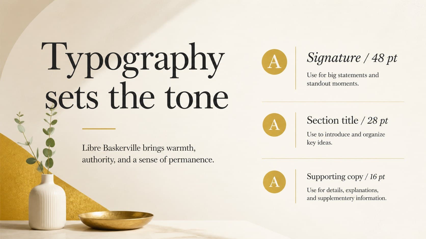 Typography slide explaining the Libre Baskerville type system within a minimalist brand strategy deck.