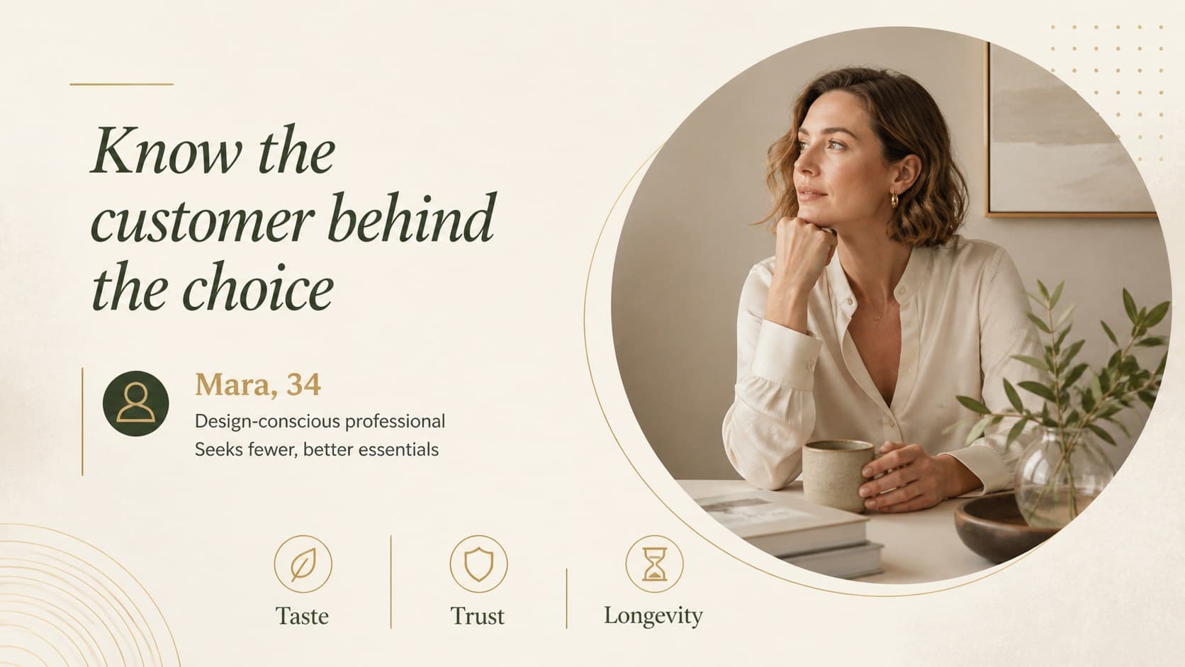 Audience profile slide for a retail brand launch presentation with a customer persona and gold editorial accents.