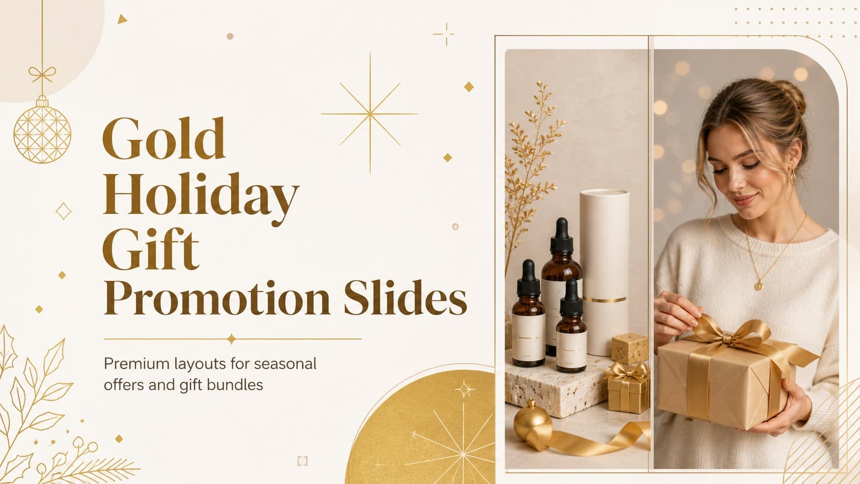 Elegant gold holiday gift promotion slides cover featuring a curated seasonal bundle and refined festive typography.
