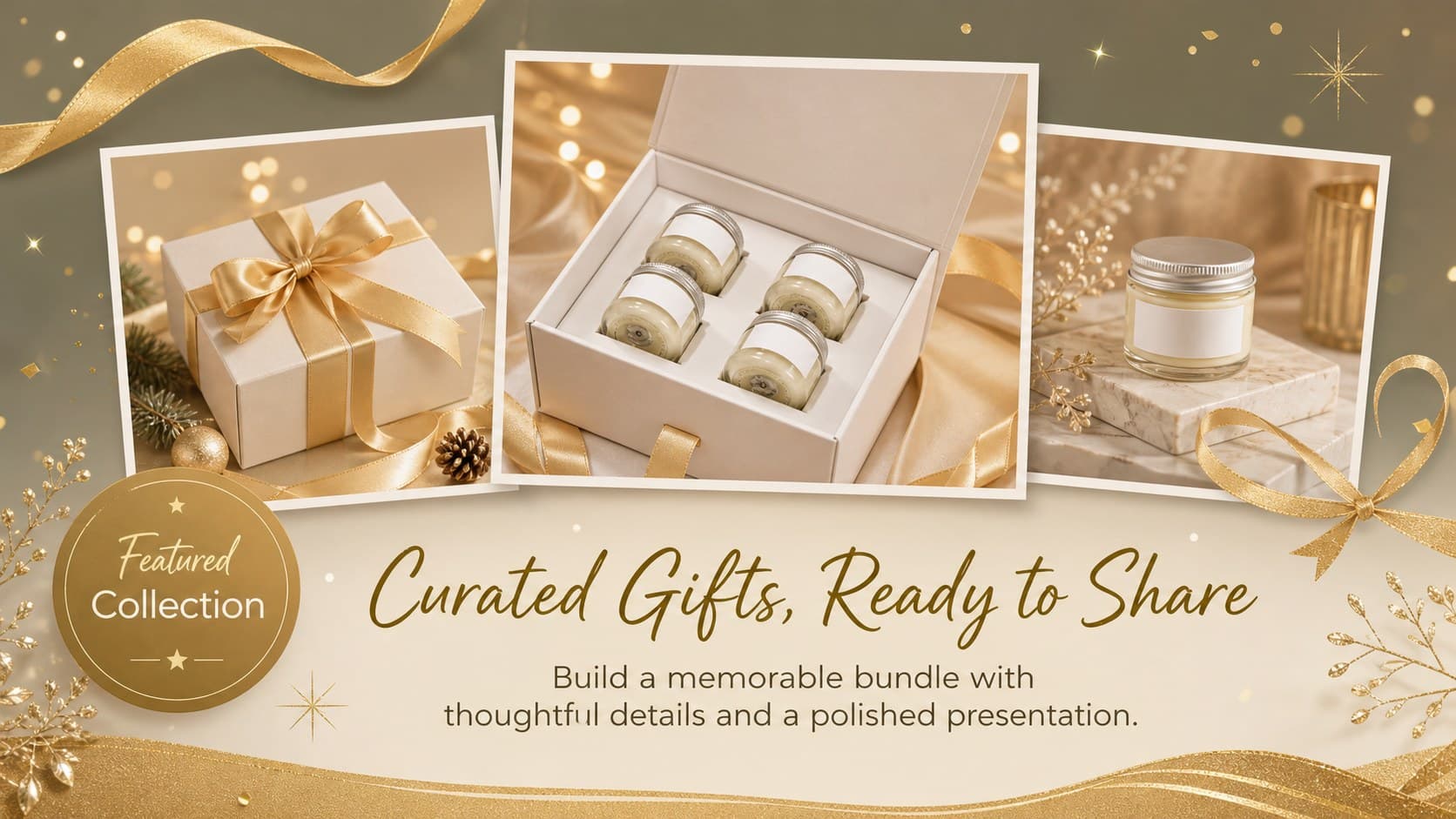 Gold holiday sale slide deck layout presenting a featured gift bundle with product imagery, labels, and an offer message.