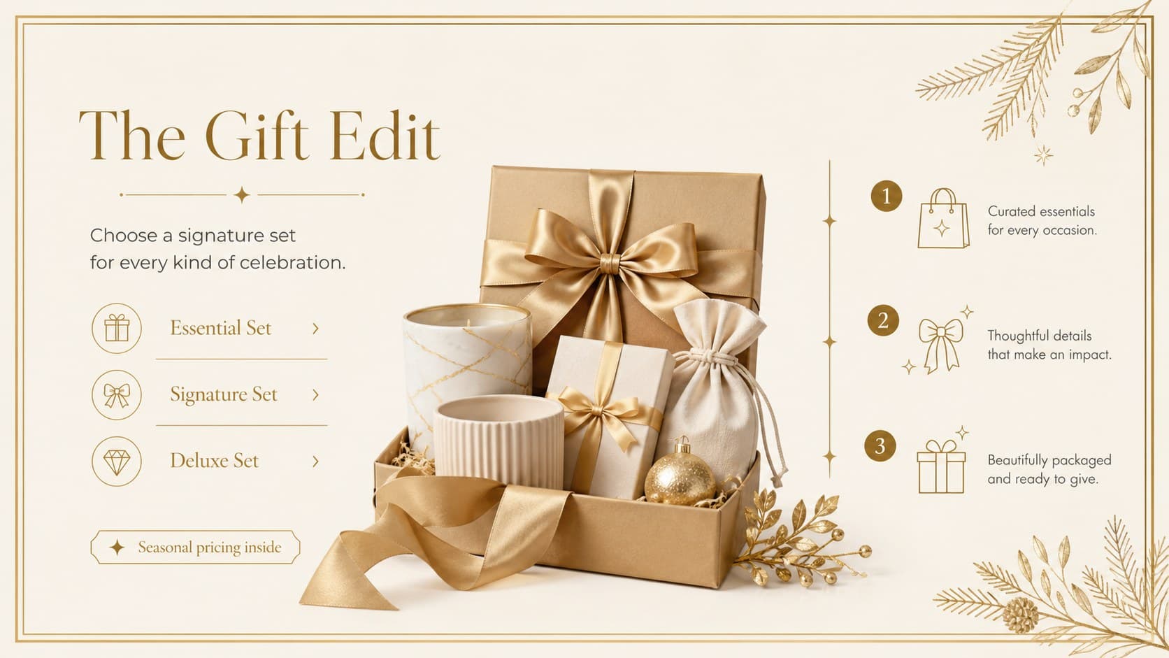 Editable seasonal product promotion slides showing a premium gift set with clear pricing and concise holiday sales copy.