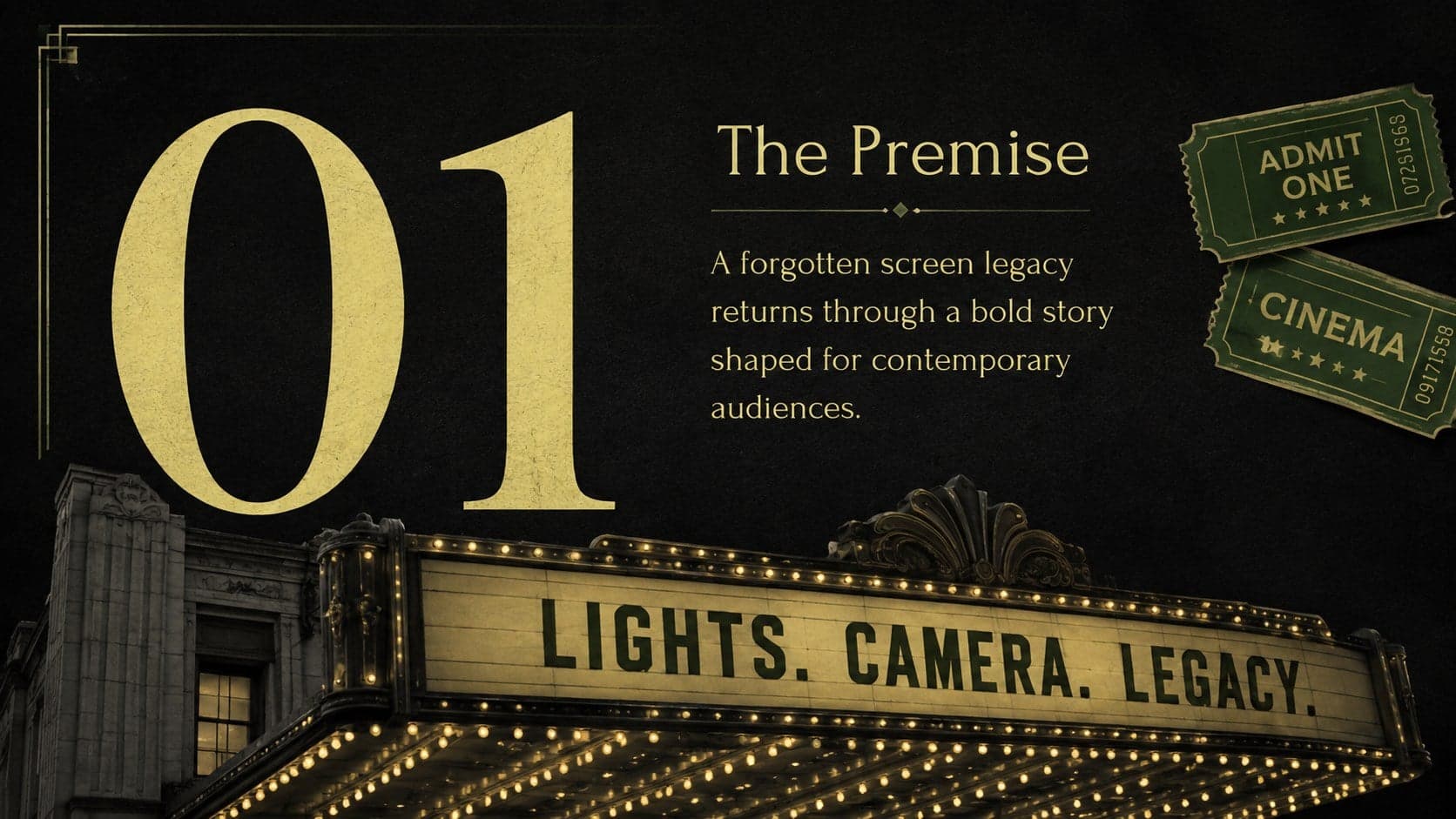 Cinematic project premise slide presenting a concise logline in a minimal vintage film layout.