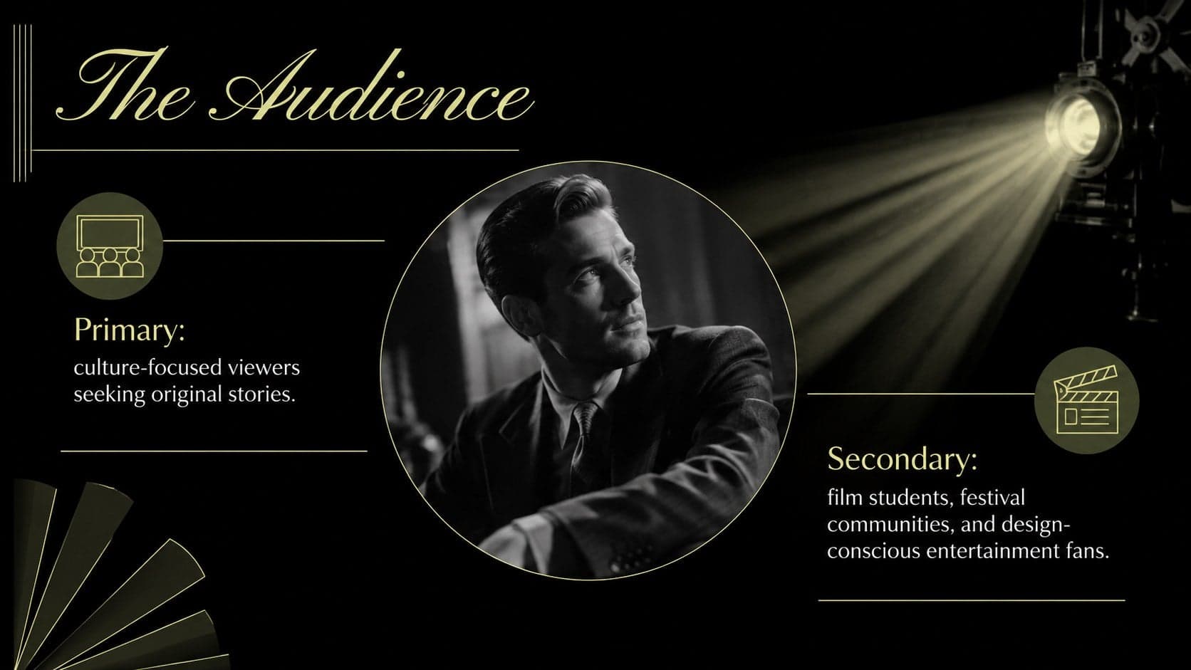 Golden age film proposal template slide defining primary and secondary cinema audiences.