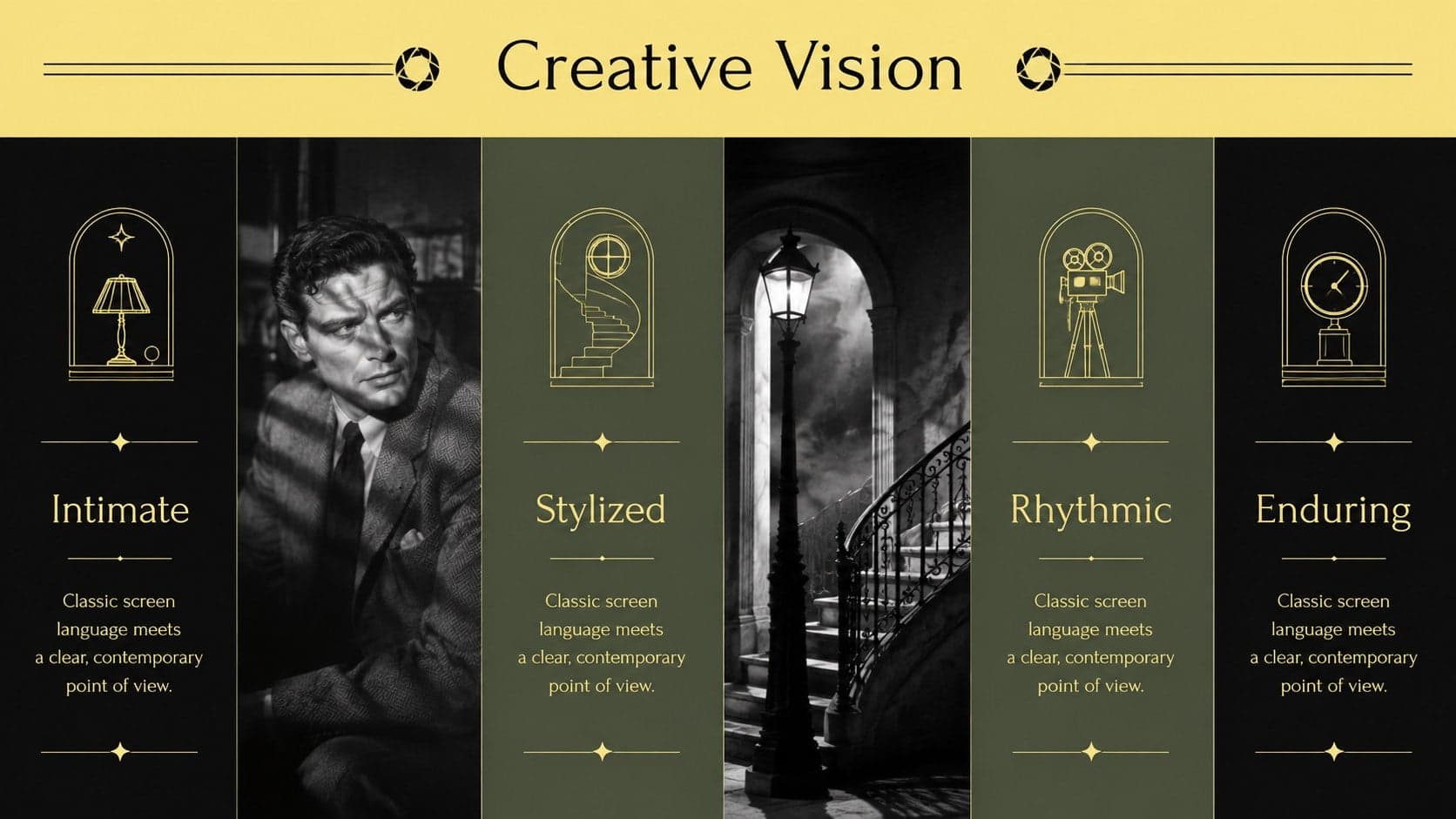 Creative vision slide combining vintage cinema imagery with concise storytelling principles.