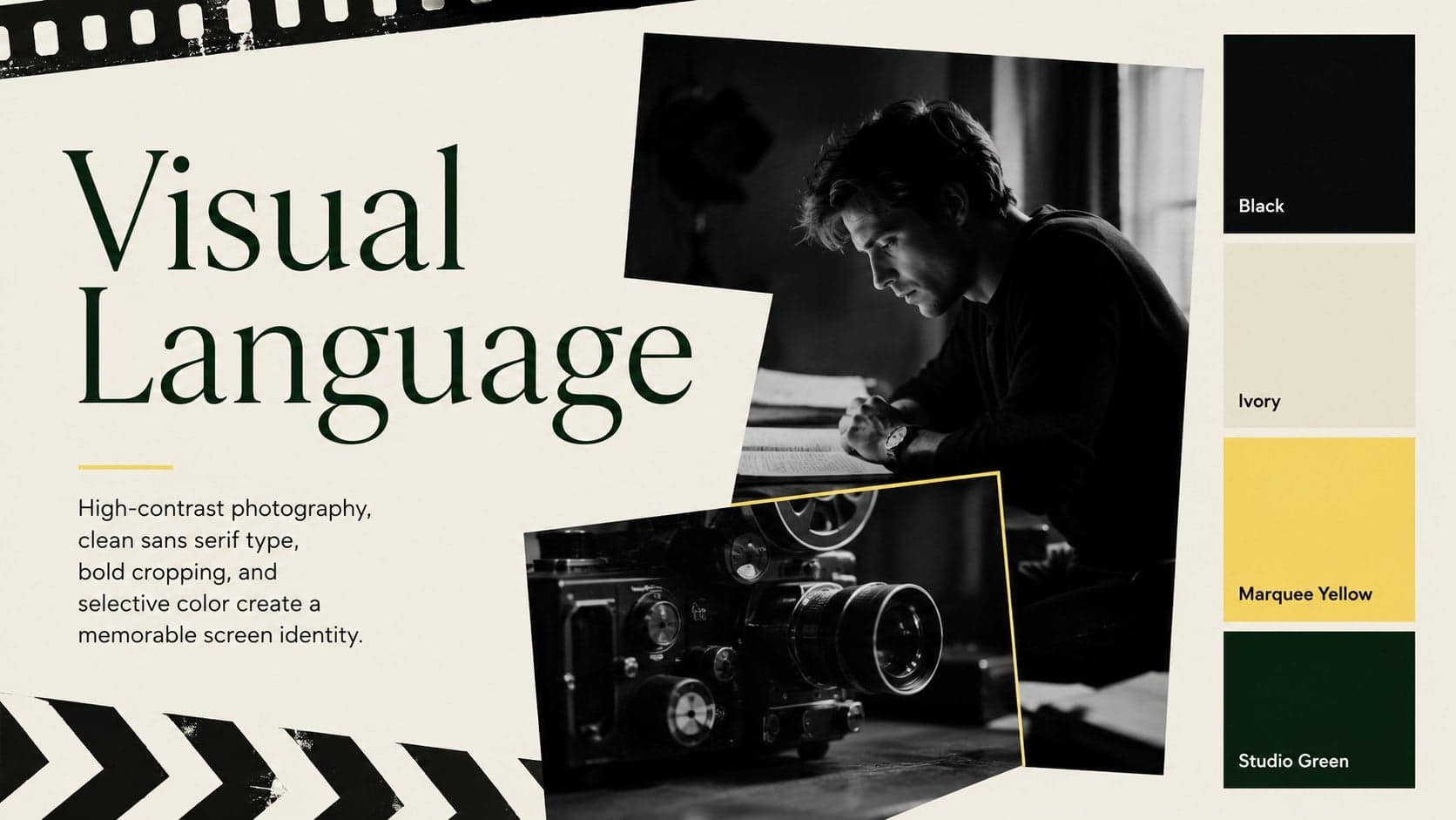 Cinematic storytelling presentation theme slide showing the deck's visual language and color system.