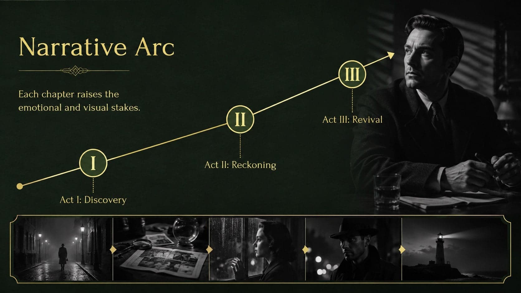 Film narrative arc slide mapping three acts across a dramatic cinema-inspired timeline.